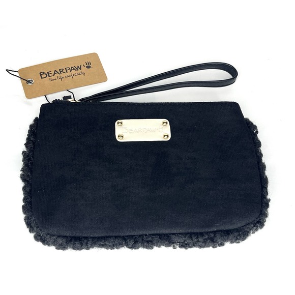 NEW Bearpaw BLACK WRISTLET Faux Suede & Sherpa Handbag Purse Gold Zip NWT - Picture 8 of 8